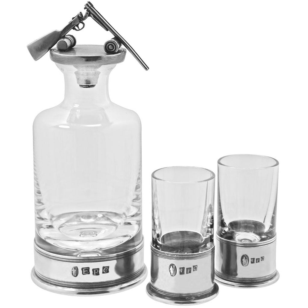 SHOTGUN HUNTING SHOOTING PEWTER & CRYSTAL MINI DECANTER SET WITH SHOT GLASSES